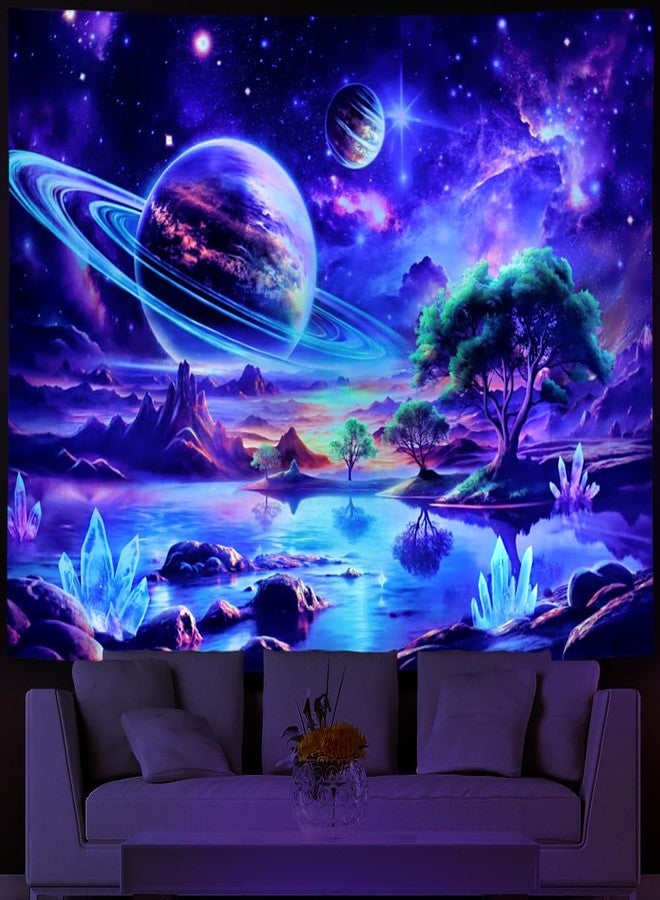 Lahasbja Blacklight Galaxy Space Tapestry UV Reactive Planet Wall Hanging Magical Trees Tapestries Cosmic Mountain Landscape Wall Decor Aesthetic Starry Night Backdrop for Bedroom - Image 1